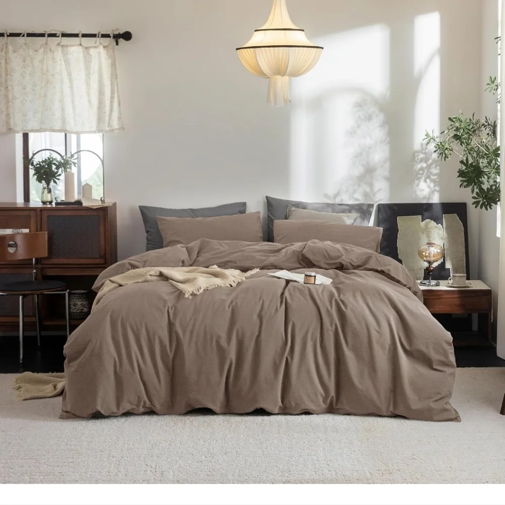 FOSSA Duvet Cover Set 100% Washed Cotton Linen Feel Super Soft Breathable Cozy Q